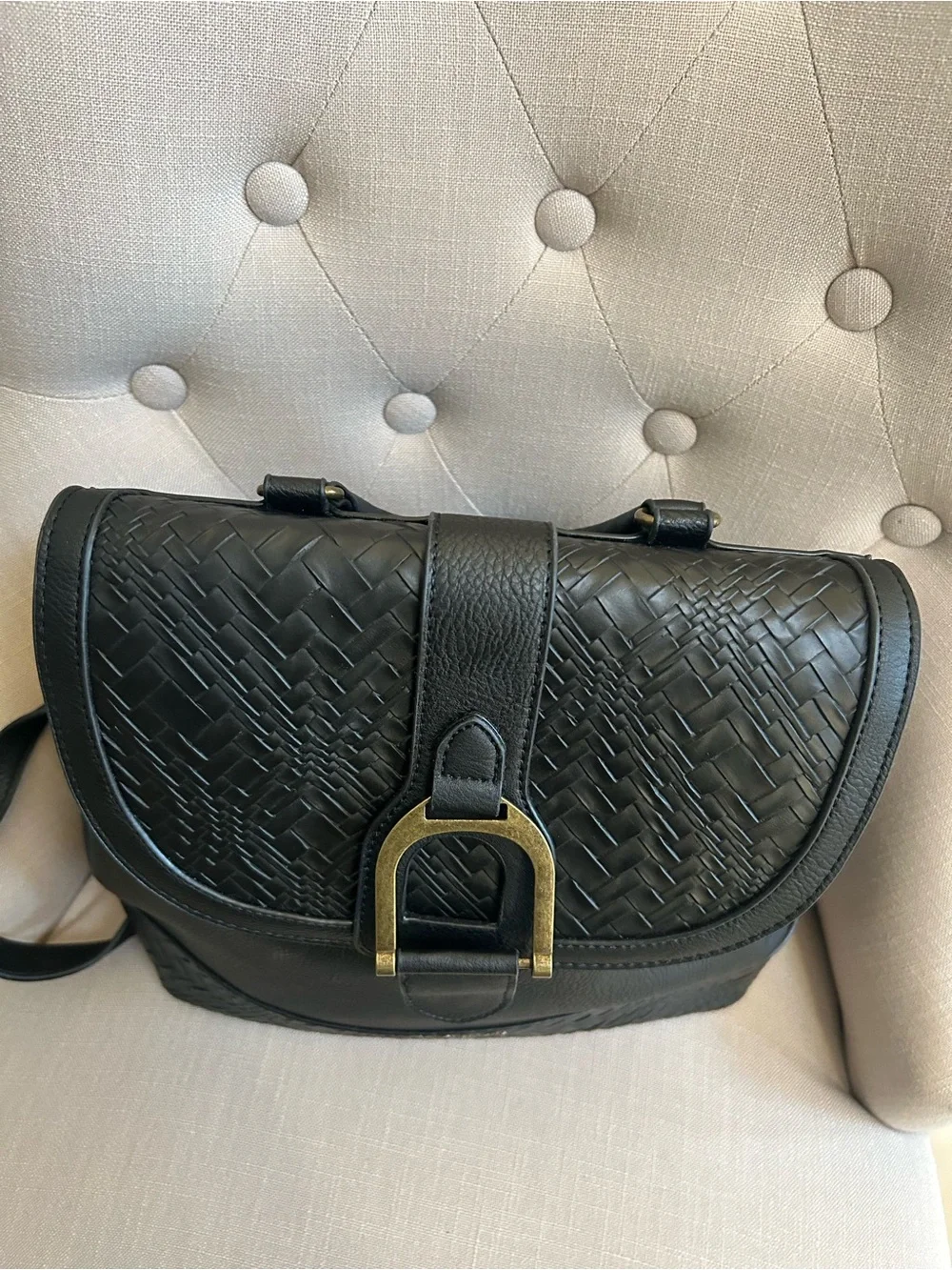 Darcy Marks Black Texture Leather Backpack with Gold Buckle